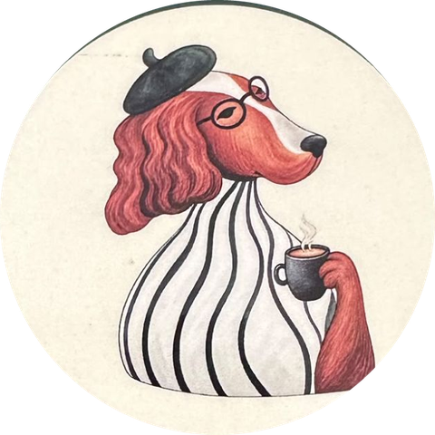 Logotipo del Café Bar Caión: perro con boina y gafas tomando un café
